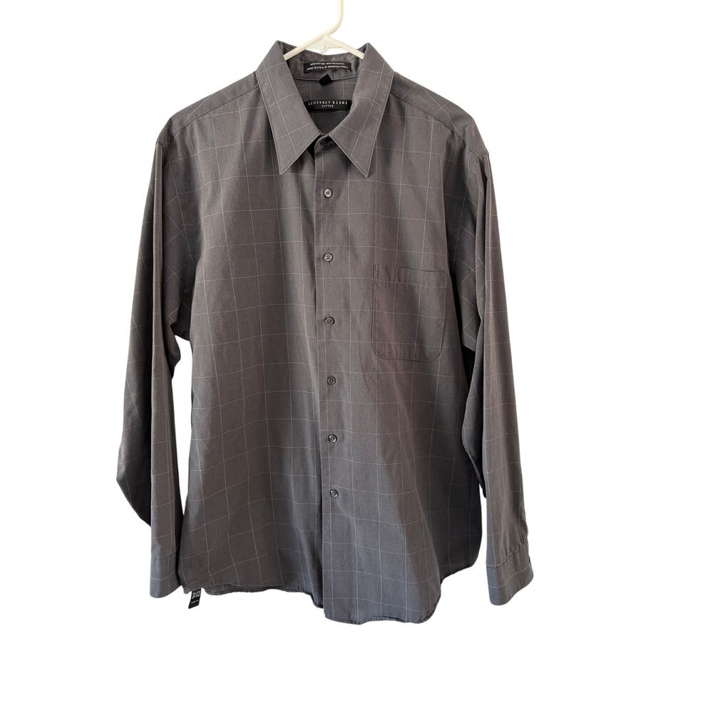 Geoffrey Beene Gray Windowpane Check Fitted Shirt Button Up Dress Men's Size XL
